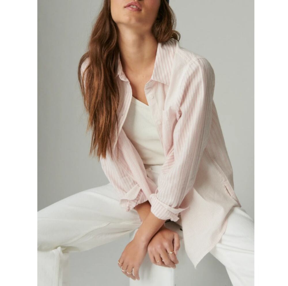 NEW Lucky Brand Pink Striped 100% Cotton The Boyfriend Button-Down Shirt Size XL